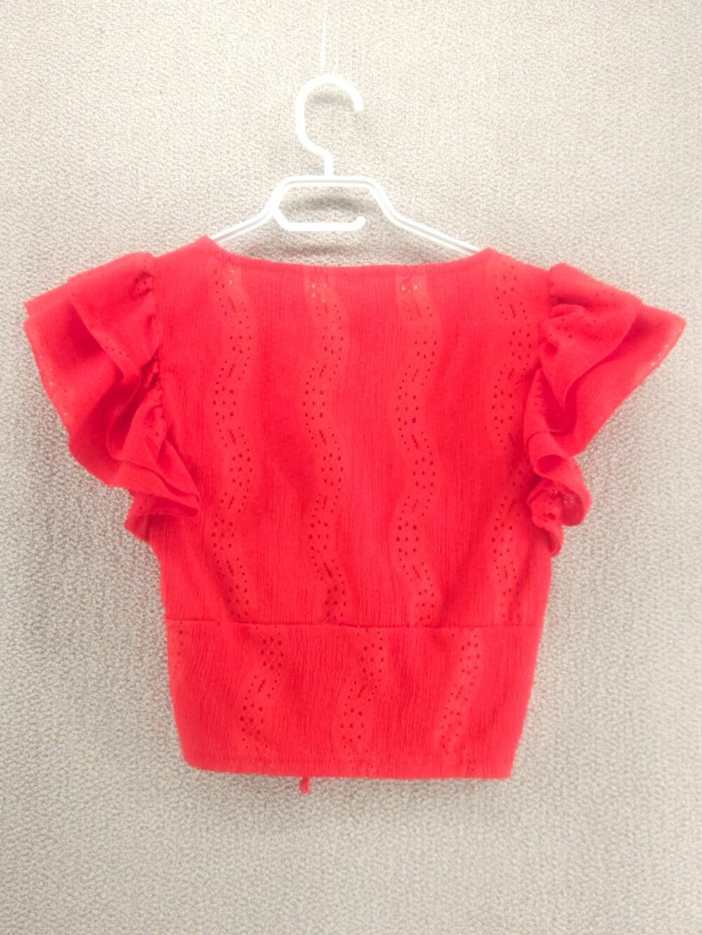 FB Sister Red Eyelet Ruffle Sleeve Ruched Drawstring Crop Top - Picture 3 of 7